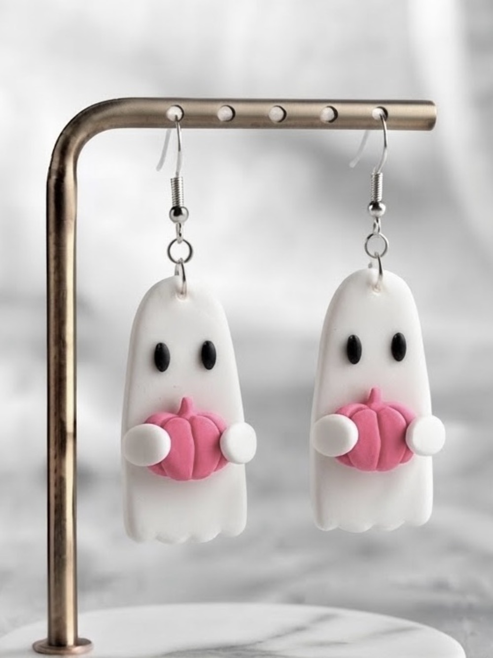Fall Ghostie Holding Pumpkin — Fall — Handmade Earrings — Pink